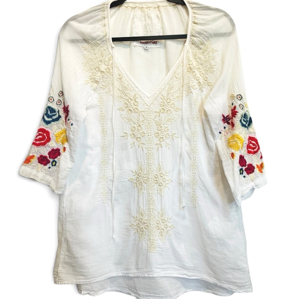 Johnny Was S White Cotton Embroidered Floral Boho Peasant Blouse Tunic